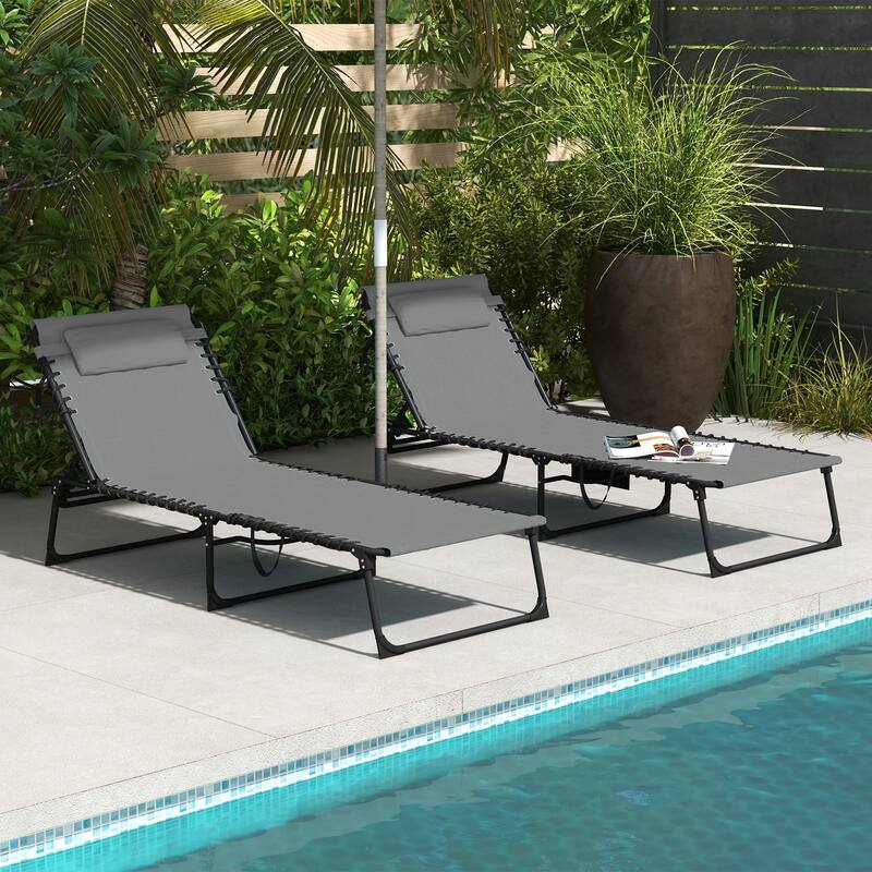 Folding Tanning Chair Set of 2, Outdoor Recliner Lounge Chairs with Pillow, Storage Pocket & Adjustable Backrest - Grey