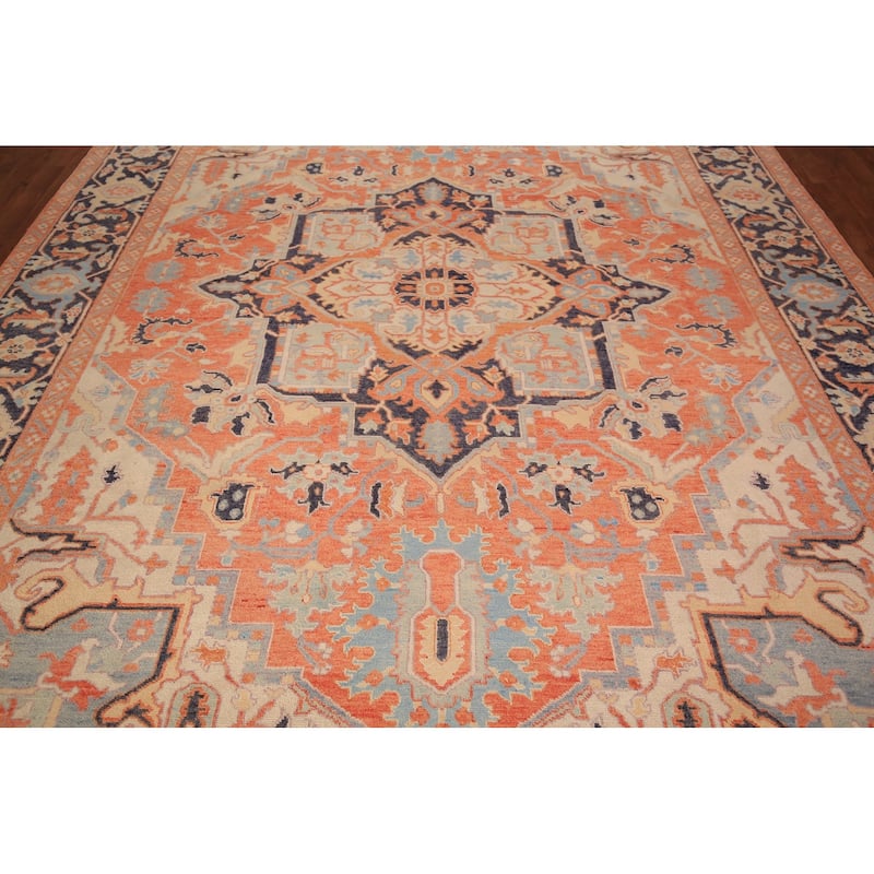 Vegetable Dye Heriz Oriental Area Rug Hand-Knotted Floral Wool Carpet - 8'9" x 12'5"