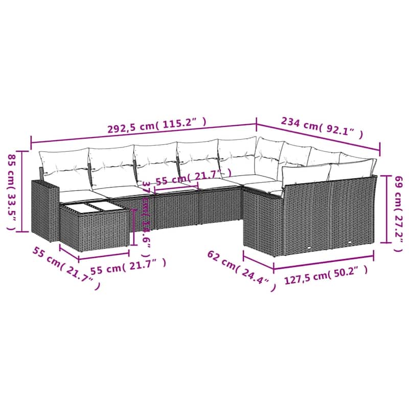 vidaXL Garden Sofa Set Black PE Rattan Medium to Large Adjustable Feet - 21.7 x 21.7 x 14.6 in (W x L x H)