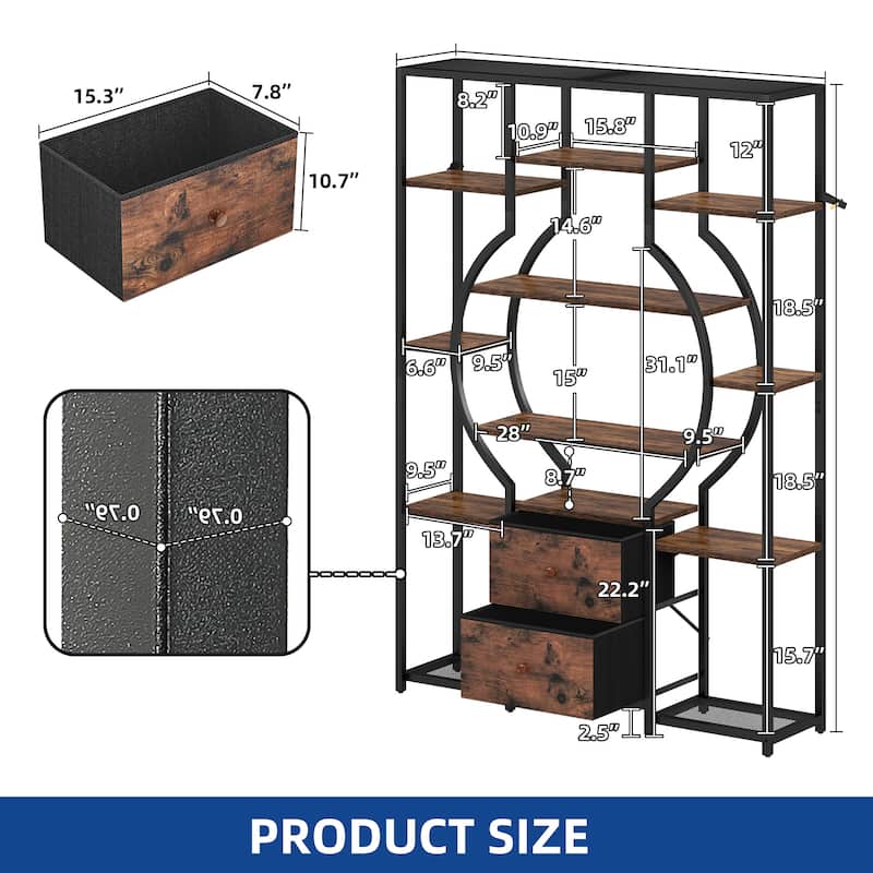 Moasis 6-Tier Bookshelf with 2 Drawers & 12 Open Shelves,Industrial Display Shelf Unit Bookcase