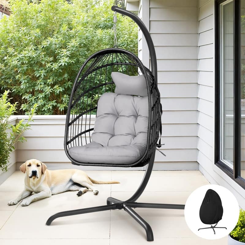 Oversized Wicker Hanging Egg Chair with Stand, Outdoor Indoor Swing Chair with Cushion, 350 lb Capacity