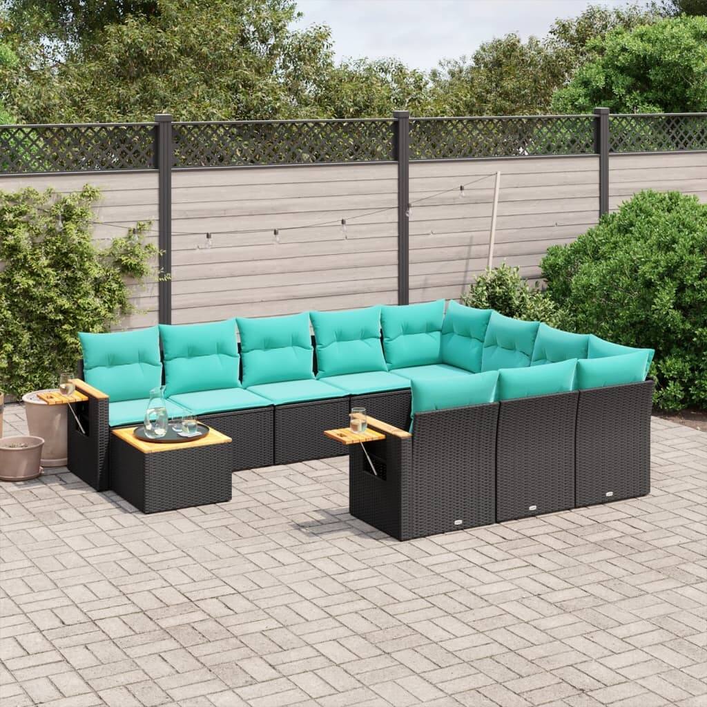 vidaXL 11 Piece Patio Sofa Set with Cushions Black Poly Rattan (US only) - 24.4 x 24.4 x 27.2