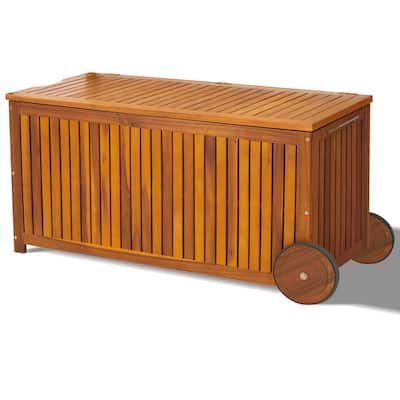 57 Gallon Acacia Wood Outdoor Wood Storage Box with 2 Wheels - N/A