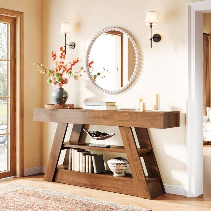 63-Inch Console Table, Wooden Entryway Table with Storage Shelves