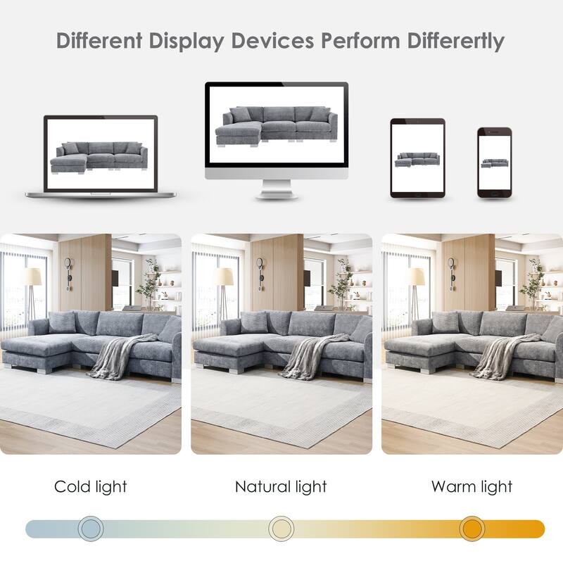 96*56" L-shaped 4-seat Chenille Sofa with Chaise and 2 Pillows, Gray
