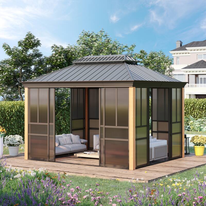 Erommy Outdoor Solarium Sunroom, Patio Hardtop Gazebo, Aluminum Frame Permanent Gazebo with Sliding Doors and Screens