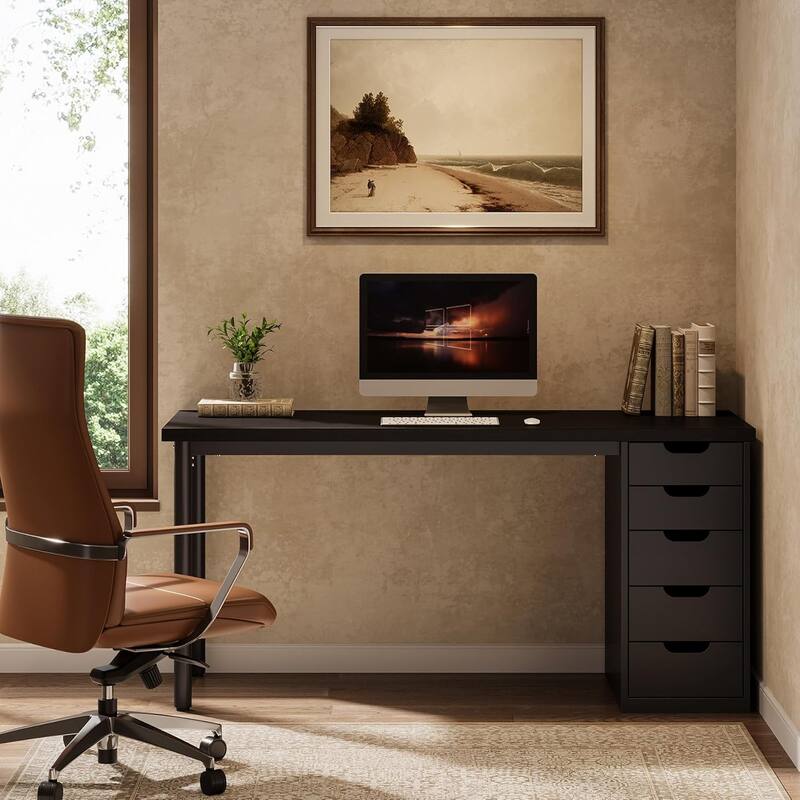 Modern Computer Desk with 5 Reversible Drawers, Storage Home Office Desk, PC/Laptop Desk, Study Writing Table Workstation