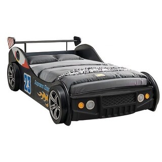Twin Kids Racing Car Floor Bed with LED Night Light, Safety Guardrail, and Sturdy Wood Slat Support