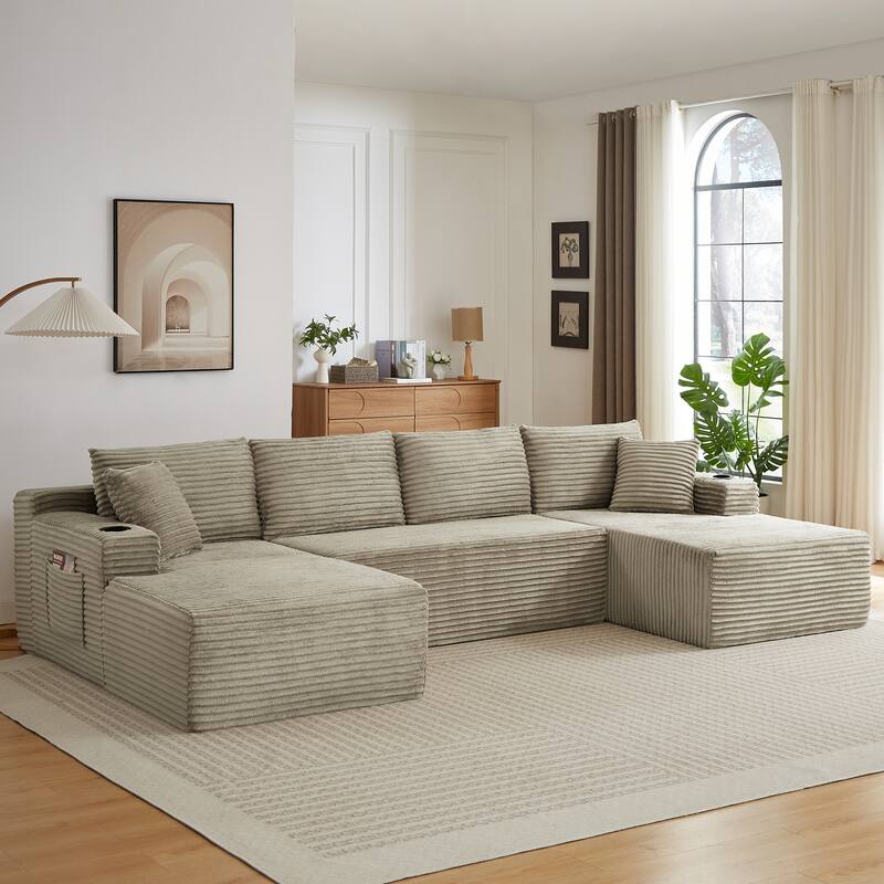 Corduroy Upholstery Cloud Modular Sectional Sofa with Chaise and Pillows, All-Foam Compression Design