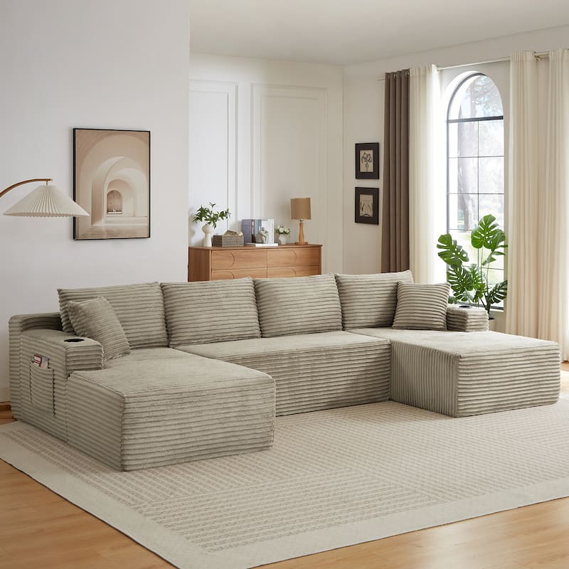 U-Shaped Modular Sectional Sofa with Dual Chaise Lounges, Corduroy Cloud Couch with Cup Holders, Compressible Deep Seat Sofa