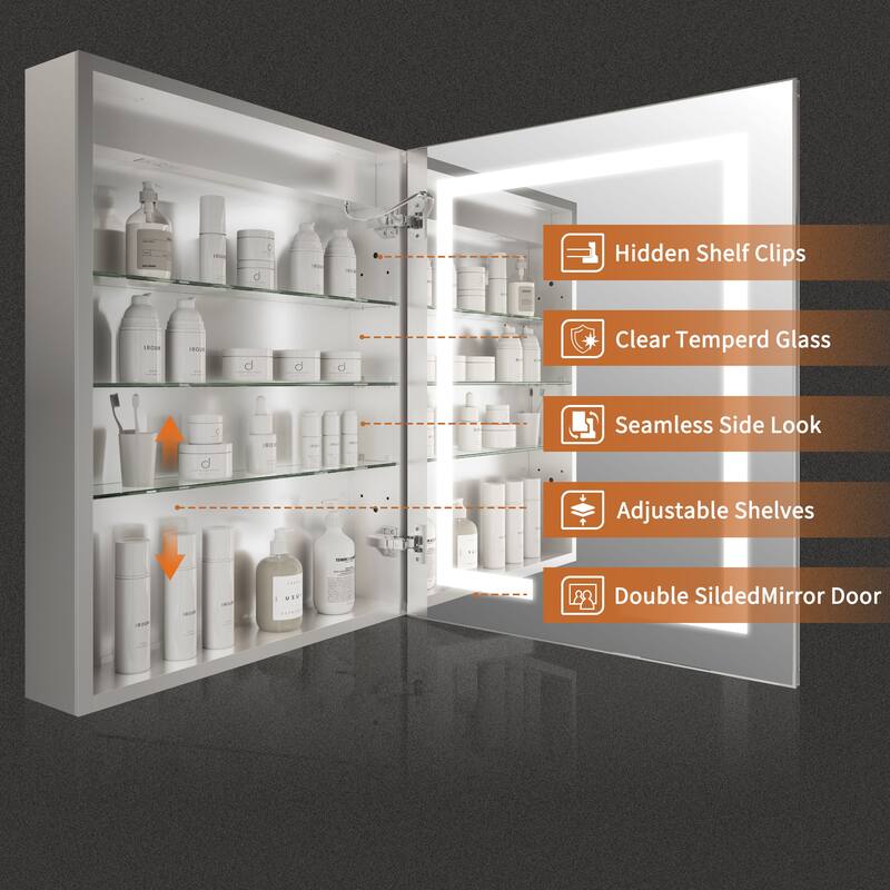 ExBrite 24" x 30" LED Lighted Bathroom Medicine Cabinet with Mirror,Recessed or Surface Mount,Defog