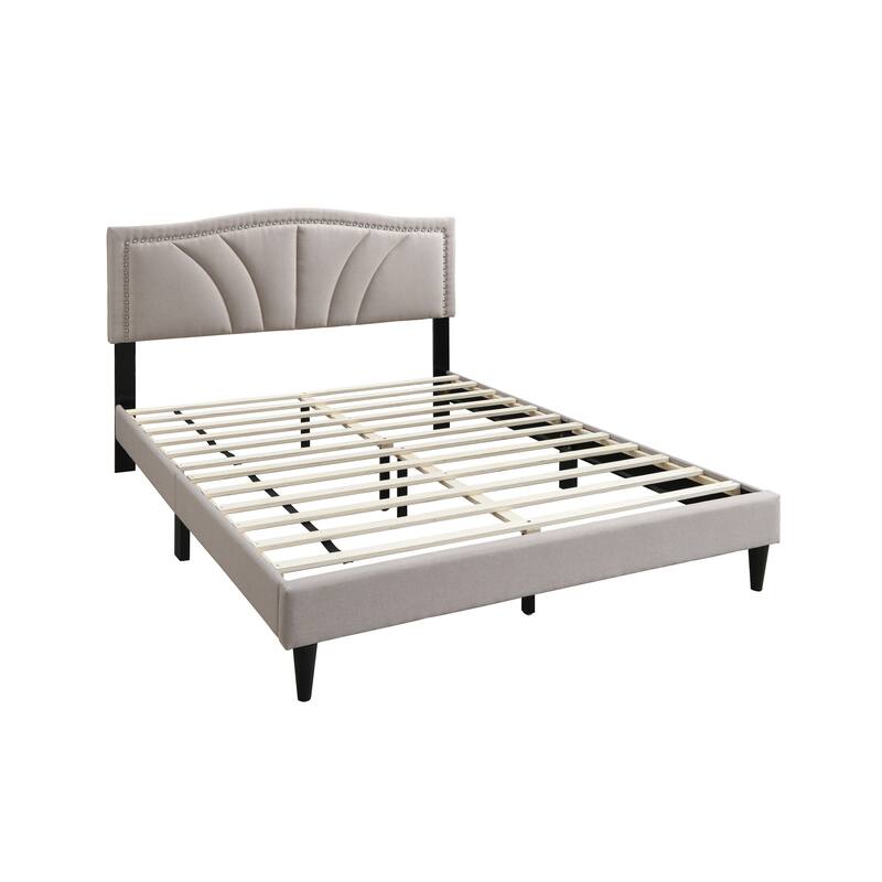 Queen Size Light Brown Burlap Fabric Platform Bed with Nailhead Trim Headboard