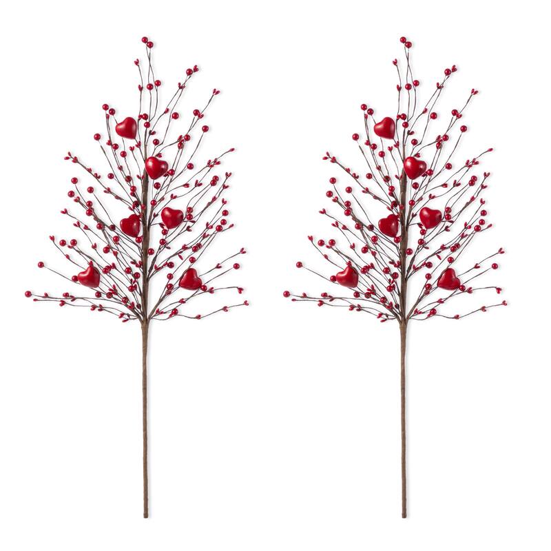 Glitzhome Set of 2 28"H Valentine's Day Berry & Heart Pick Artificial Branch - Red