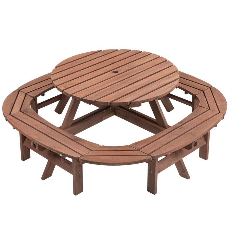 Outdoor Wooden 10-12-person Picnic Dining Set with 1 Built-in Ring Stool