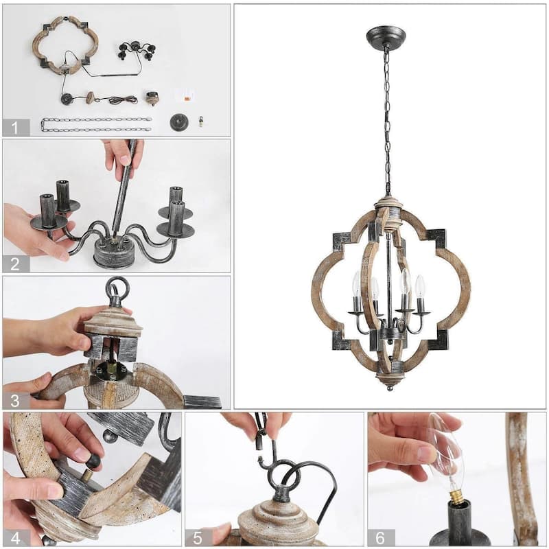 The Gray Barn Hester Gulch Farmhouse Distressed Wood 4-Light Foyer Chandelier Kithcen Island Pendant - W19.7"x H24.6"