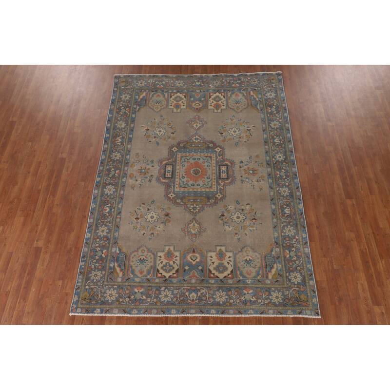 Brown Geometric Bakhtiari Persian Vintage Rug Handmade Wool Carpet - 6'9"x 9'4"