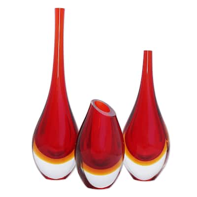 Novica Handmade Levitating Scarlet Handblown Art Glass Vases (Set Of 3)