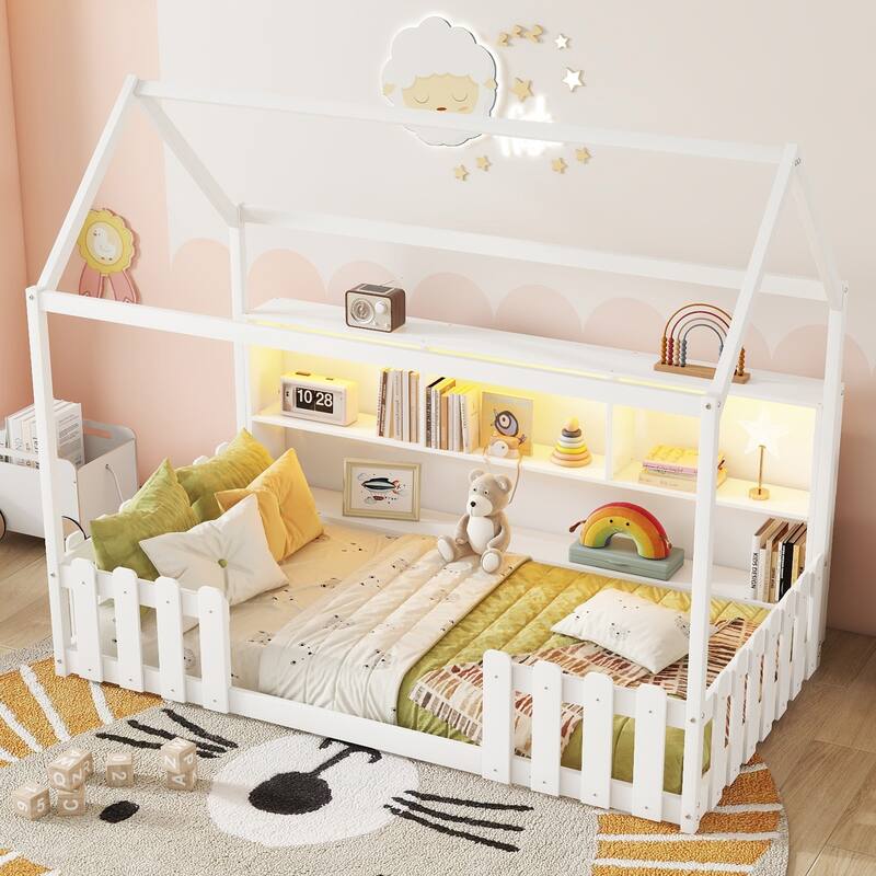 Twin Size House Bed with LED Light, Wood House Bed with Storage Bookshelf, Floor House Bed with Guardrails for Kid