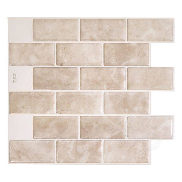 Smart Tiles Self Adhesive Wall Tiles - Subway Sora - 4 Sheets of 10.95'' x 9.70'' Kitchen and Bathroom Stick on Tiles - Glossy - Beige