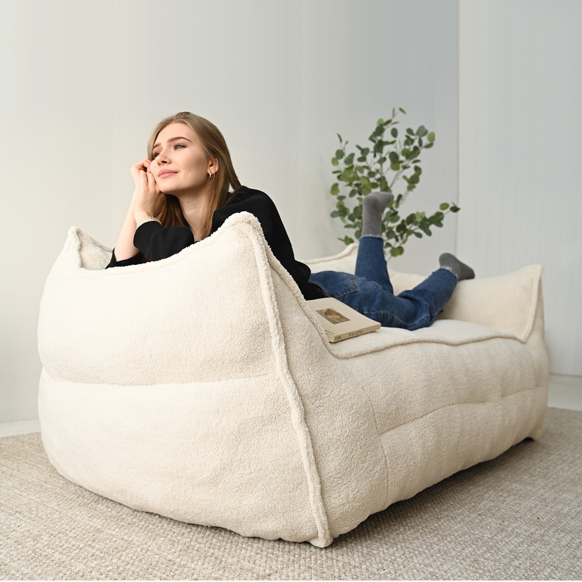 Lazy Sofa Couch Living Room Sofa Bean Bag Chair with Memory Foam Beige loveseat