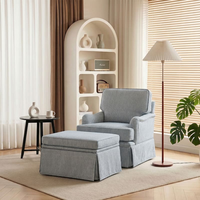 Skirted Swivel Accent Nailhead Barrel Chair With Storage Ottoman Set - Pinstripe Blue