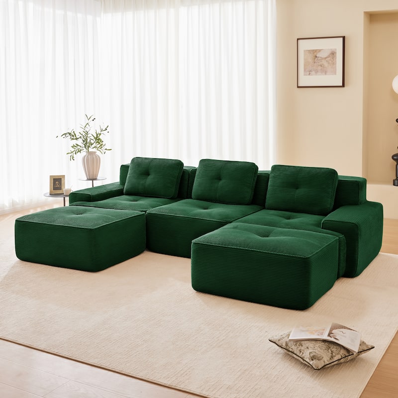 Roomfitters No Assembly Modular Sofa, 117 Inch Corduroy 3-Seater with Piping, Green - Green 117" U-Shape