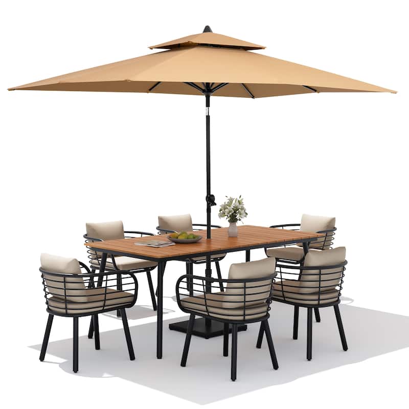 9PC Outdoor Patio Dining Set Aluminum Table with Sunbrella Cushion Chairs w/ Market Umbrella Sets