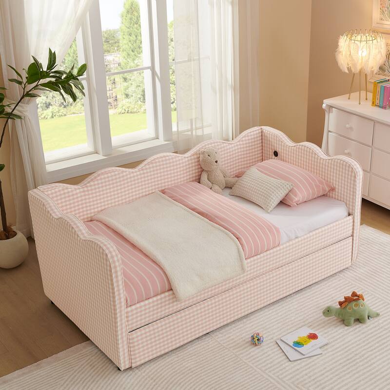 Twin Gingham Daybed with Trundle - USB Ports, Wave Design, Linen Fabric, No Box Spring
