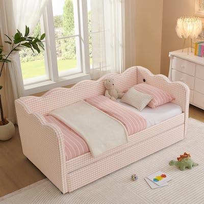 Twin Size Gingham Daybed with Trundle – No Box Spring Needed, Features USB Port & Charming Wave Design.