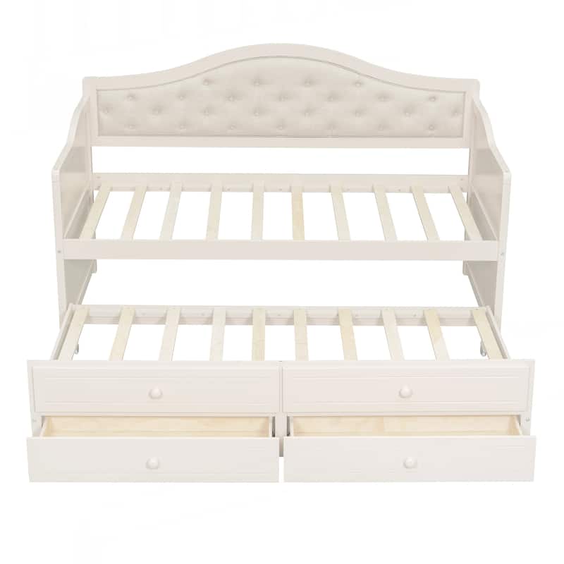 Twin Daybed with Trundle, Twin Size Daybed with 2 Storage Drawers, Wooden Sofa Bed with Upholstered Button Tufted Backrest