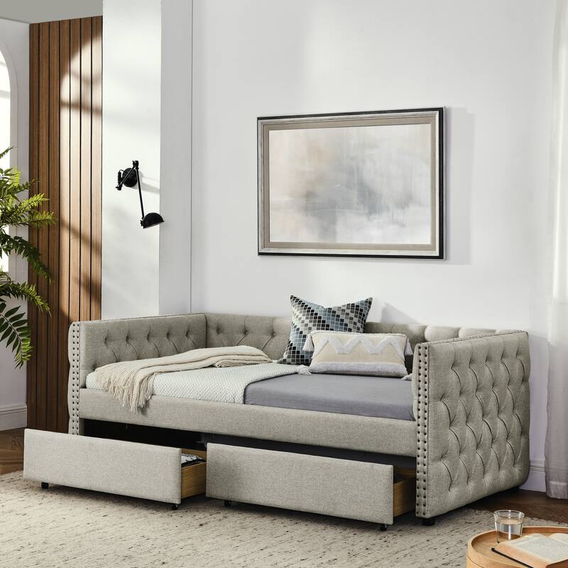 Tufted Daybed Upholstered Frame Sofa Bed with Button Copper Nail on Square Arms, and Pull-out Trundle Bed or Storage Drawers