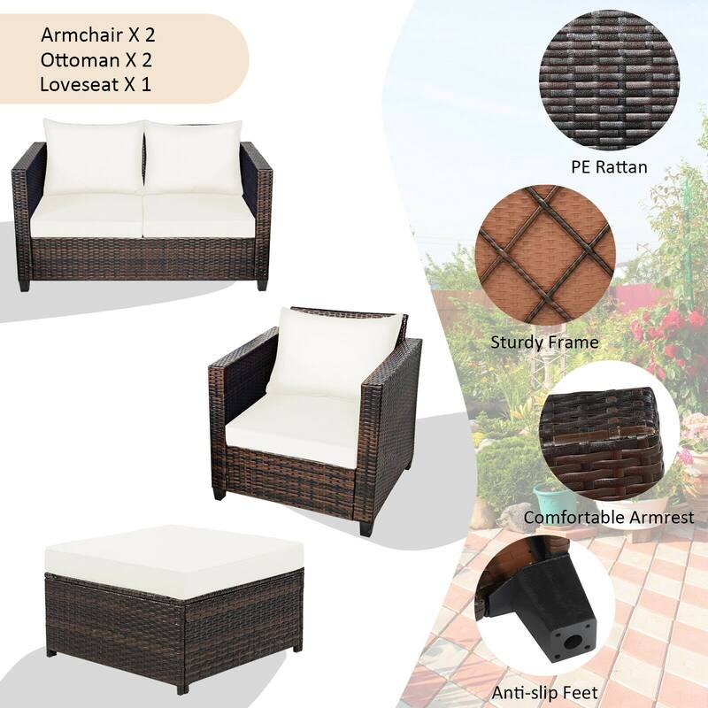 5 Pieces Patio Cushioned Rattan Furniture Set - 50" x 30.5" x 29" (L x W x H)
