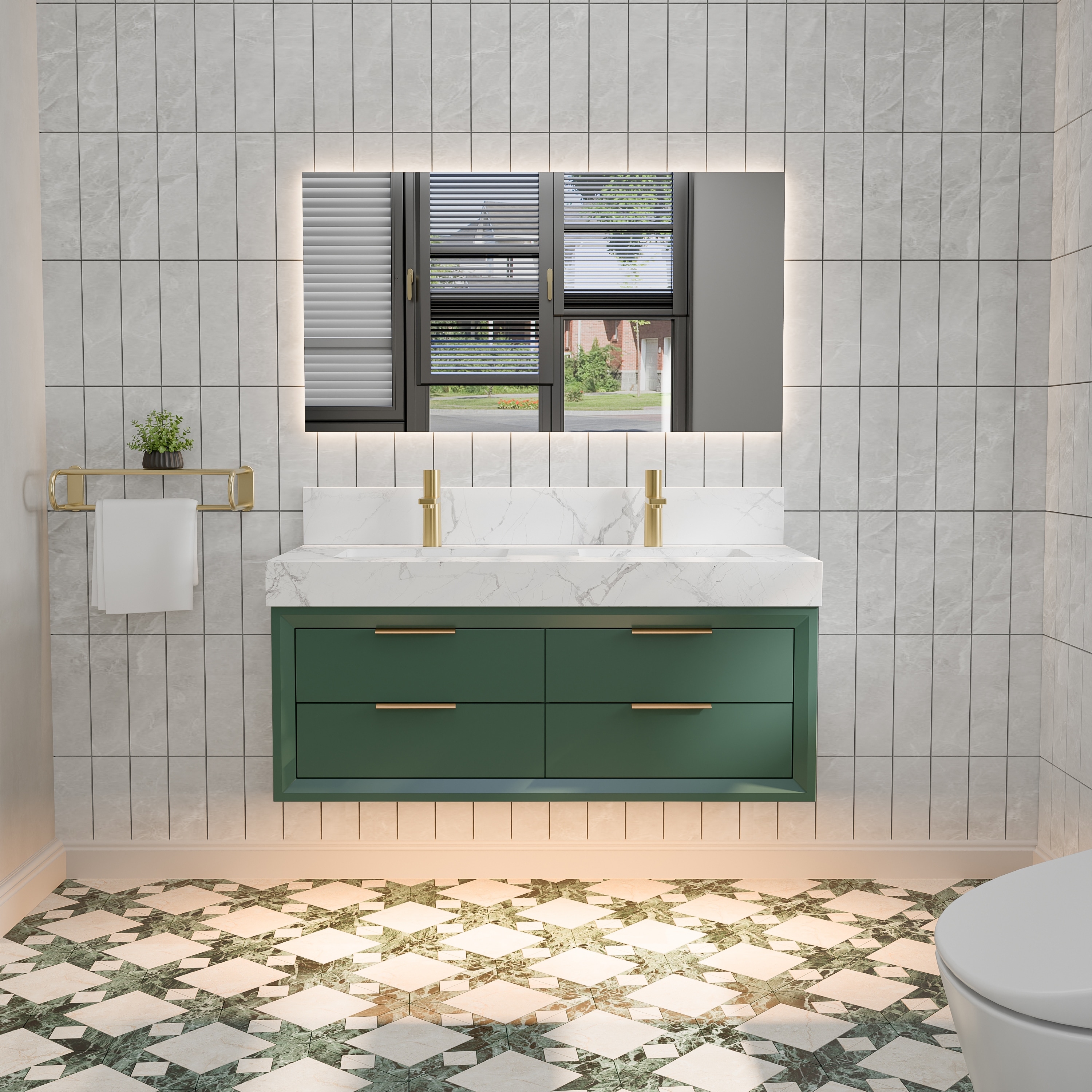 48 Inch Floating Wall-Mount Double Bathroom Vanity with Sink, Flat Panel and Built-In Ambient Lighting, White/Green - 48 inch