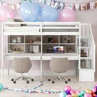 Modern Twin Size Loft Bed Frame with Storage Staircase and Double Desks and Shelves