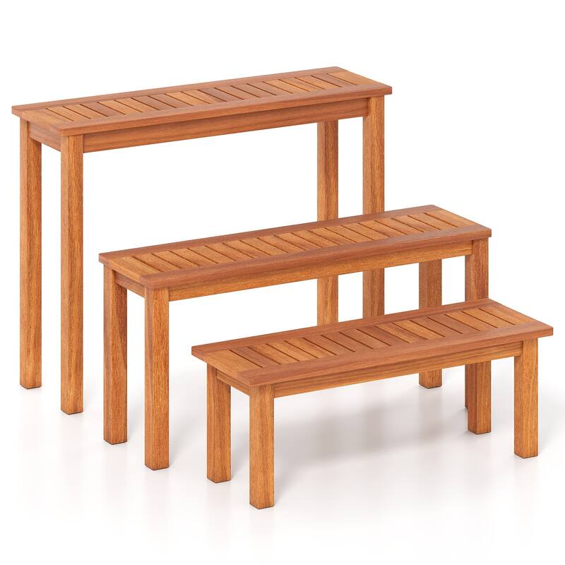 Gymax Wooden Plant Stand Set of 3 w/ Teak Oil Finish Slatted Top for