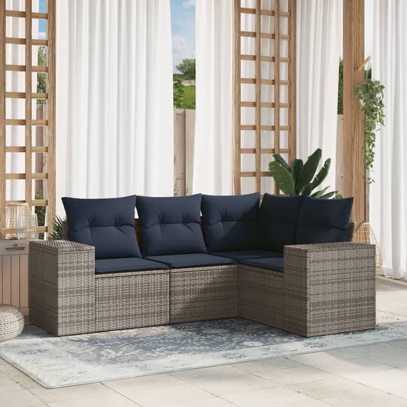 vidaXL 4 Piece Patio Sofa Set with Cushions Grey Poly Rattan - 24.4" x 24.4" x 27.2" - Grey and blue Without table