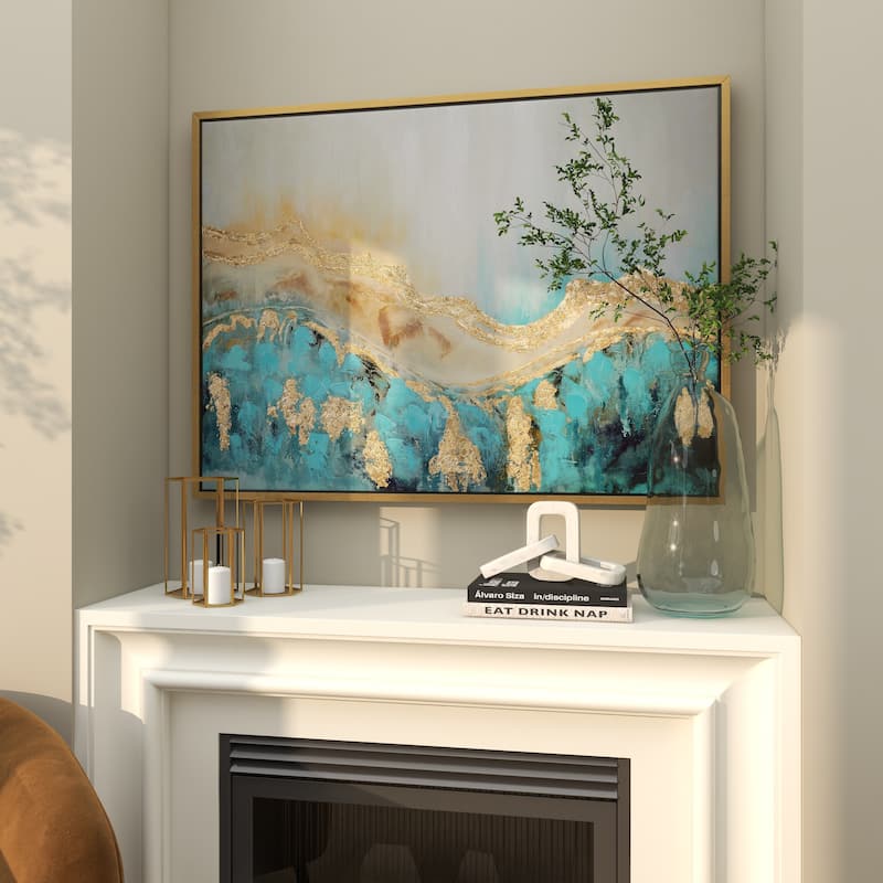 Canvas Abstract Wave Framed Wall Art with Gold Foil Accents - Blue - Roche River Decor