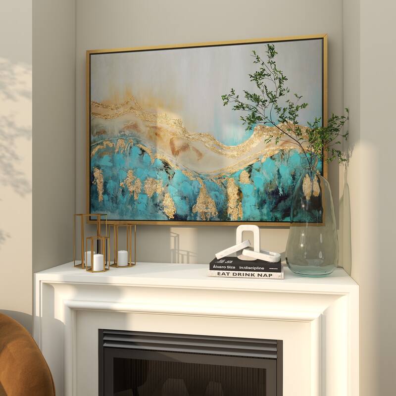 Canvas Leaf Living Room Framed Wall Art with Silver Frame