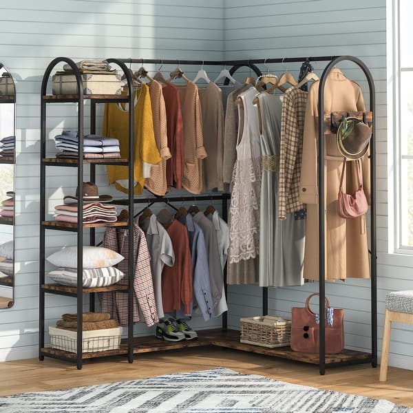 Industrial L Shaped Closet Organizer, Freestanding Corner Clothes Garment  Rack with Hanging Rods and Storage Shelves - On Sale - Bed Bath & Beyond -  36111388