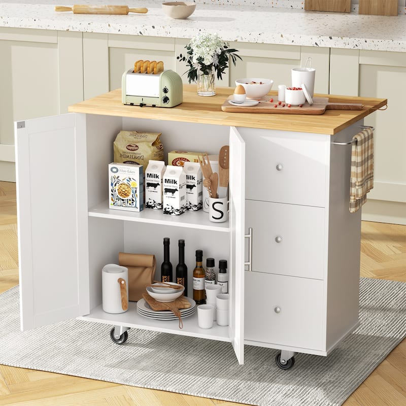 Rolling Kitchen Island with Storage Cabinet & 3 Drawers – Mobile Storage Cart with Extendable Countertop for Small Spaces