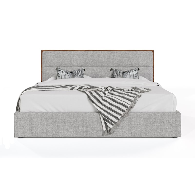 Aki Queen Size Platform Bed, Cushioned Upholstery, Gray Polyester, Walnut