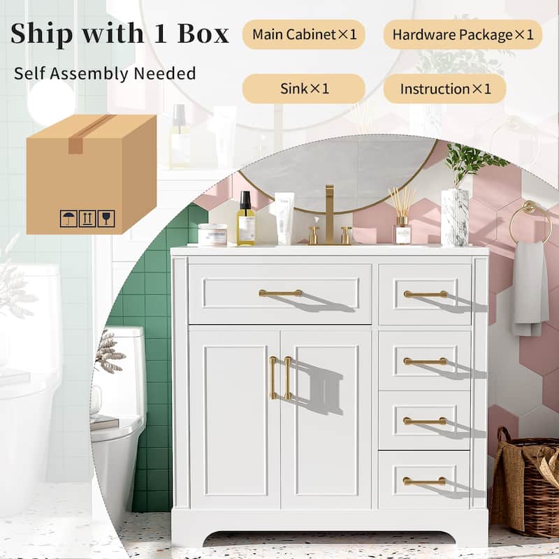 36"Elegant Bathroom Vanity with Ceramic Sink, Soft Closing Doors, 4 Durable Smooth Soft-close Drawers, 1 Adjustable Shelf