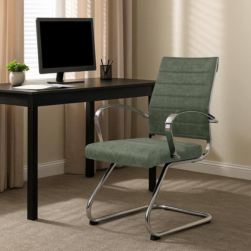 Benmar Series Mid Back Modern Leather Office Executive Desk Chair, Ergonomic Seating with Stainless Steel Sled Base