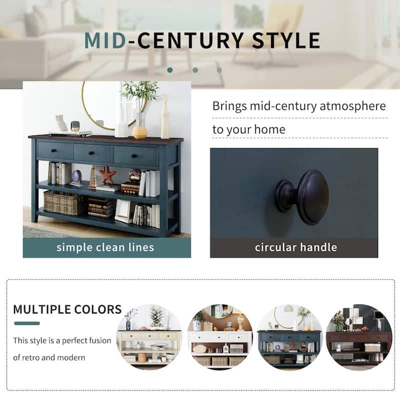 50" Solid Wood Console Table with 3 Drawers & 2 Open Shelves, Mid-Century Side Table Entryway Table for Living Room Entryway