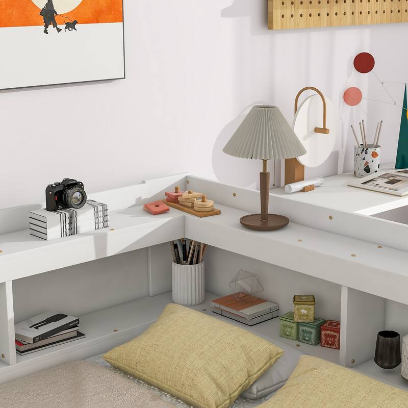 Full Bed with L-Shaped Bookcase and Storage Drawers, Space-Saving Design