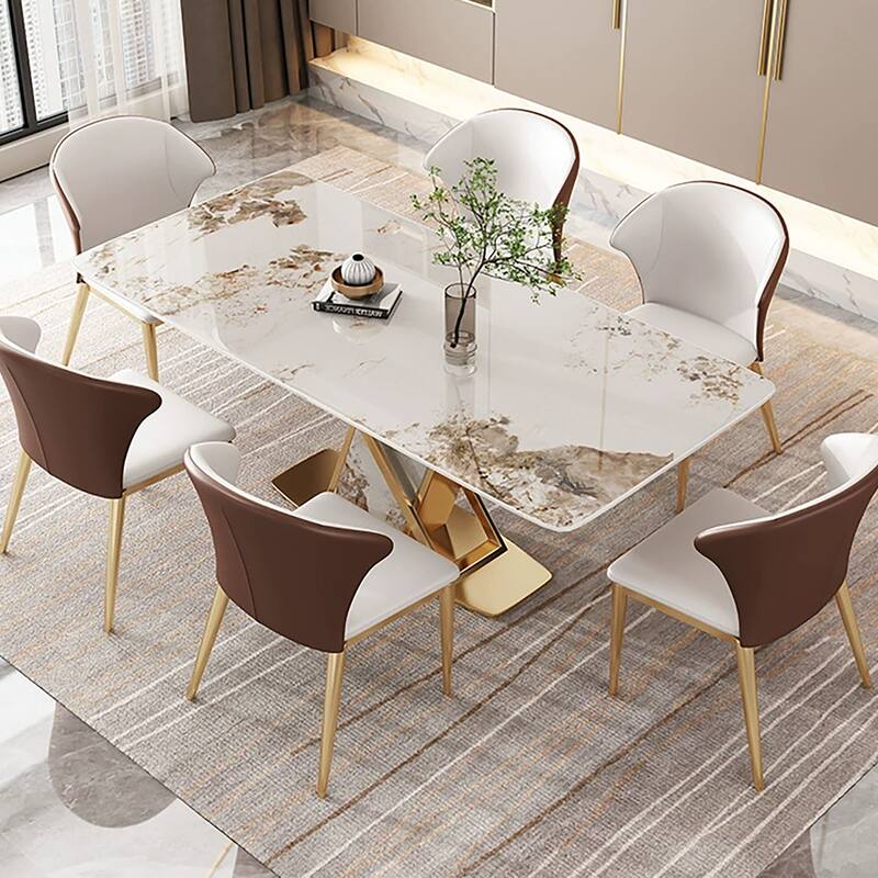 71" Rectangular Modern Dining Table, Glossy Stone tabletop, Luxury Kitchen Table for Dining Room, for 6