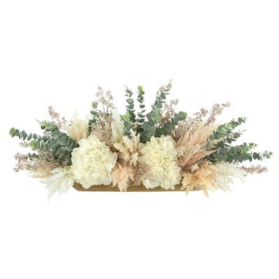 Hydrangeas, Pampas and Eucalyptus Arrangement in a Wood Planter - Cream, Beige, Pink, Green