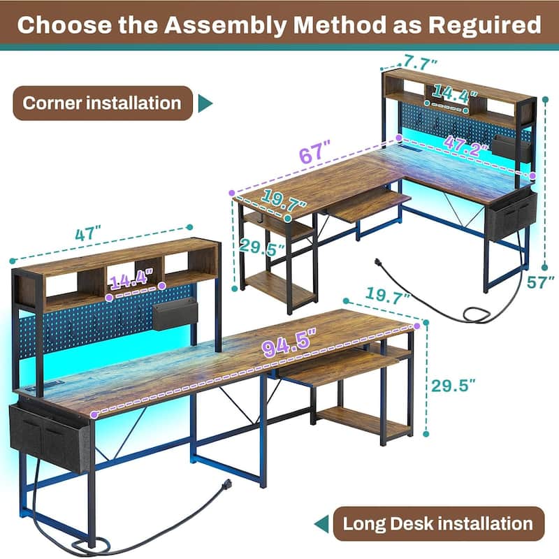 L Shaped Gaming Desk Computer Desk Corner Desk Pegboard Power Outlet