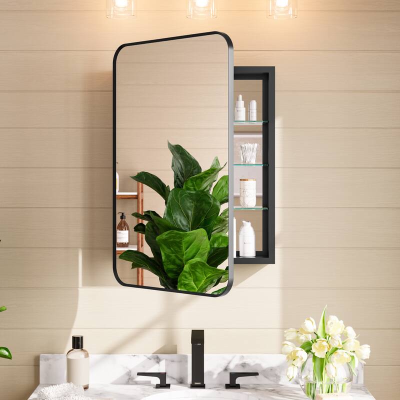 20x30 in Black Framed Mirrored Medicine Cabinet, Recessed/Surface Mount, Tempered Glass Shelves, Fully Assembled - Black