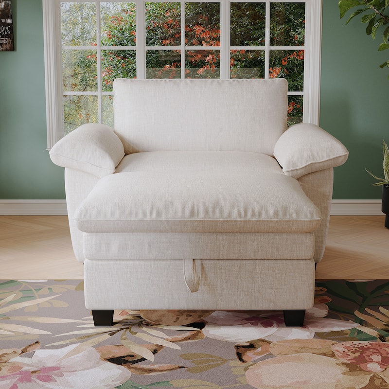 Oversize Chaise Lounge Chair with Ottoman and Storage, Upholstered in Soft Chenille - Beige
